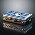 Elegant Metallic Silver Suitcase With Striped Design Emblem And Green Tag