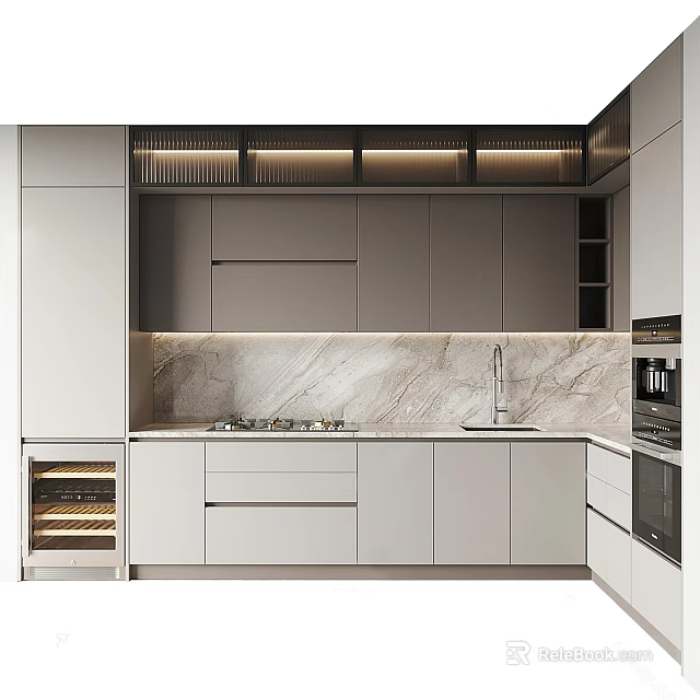 Modern Kitchen With Sleek White Cabinets Marble Countertop And Built In Appliances 3d model 