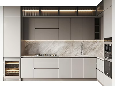 Modern Kitchen With Sleek White Cabinets Marble Countertop And Built In Appliances 3d model