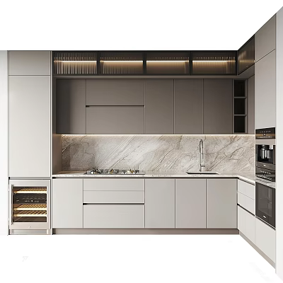 Modern Kitchen With Sleek White Cabinets Marble Countertop And Built In Appliances 3d model