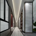Elegant Modern Hotel Lobby Interior With Wooden Grille Wall And Symmetric Lighting Design