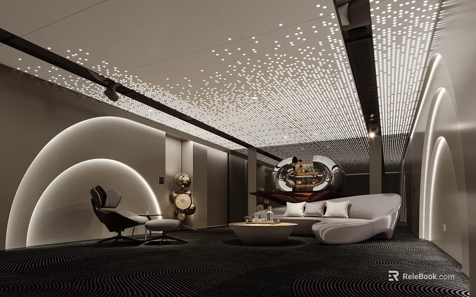 Modern Home Theater Room Interior With Starlit Ceiling And Cozy Seating 3d model 