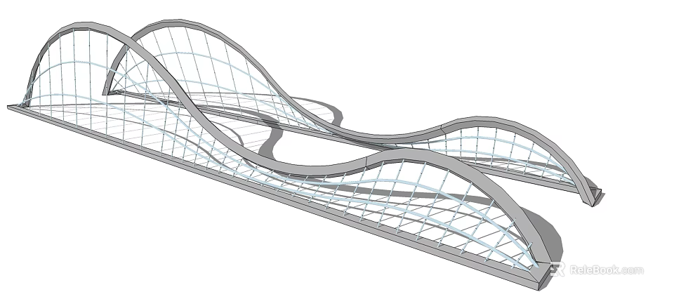 Modern Curved Bridge Design With Steel Frame And Net Structure Elements 3d model 