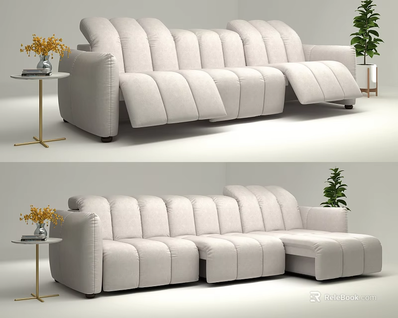 Modern Light Beige Sectional Sofa Set with Recliner Side Table Vase Flowers and Plant 3d model 