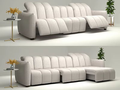 Modern Light Beige Sectional Sofa Set with Recliner Side Table Vase Flowers and Plant 3d model