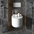 Modern Wall Mounted Toilet Designs On Dark Marble Bathroom Wall With Fixtures