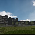 Modern Industrial Factory Building With Large Glass Windows Green Lawn And Trees