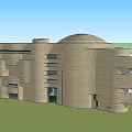 Modern Museum Building With Stone Exterior Curved Roof Large Glass Windows And Geometric Design