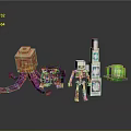Skeleton Character And Black Wolf Creature With Orange Tentacled Block Blue Tower And Green Cube