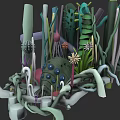 Abstract Organic Creatures With Colorful Plant Like Structures And Tentacles In 3D Render