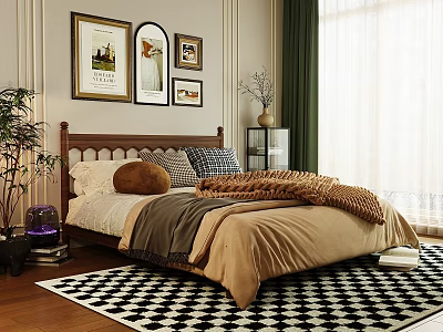 Cozy Bedroom Interior With Wooden Headboard Plush Pillows Checkered Rug And Green Curtains 3d model