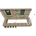 Wooden Cafe Reception Counter With Green Chairs Shelves Items And Menu