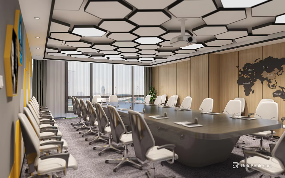 Modern Conference Room Interior With Hexagonal Ceiling Lights Long Table Comfortable Chairs And Wooden Walls 3d model 