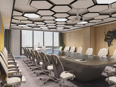 Modern Conference Room Interior With Hexagonal Ceiling Lights Long Table Comfortable Chairs And Wooden Walls 3d model