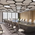 Modern Conference Room Interior With Hexagonal Ceiling Lights Long Table Comfortable Chairs And Wooden Walls