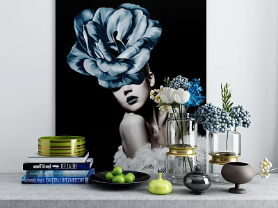 Elegant Decorative Ornament Combination With Blue Flower Painting Vases Books Plates And Limes 3d model
