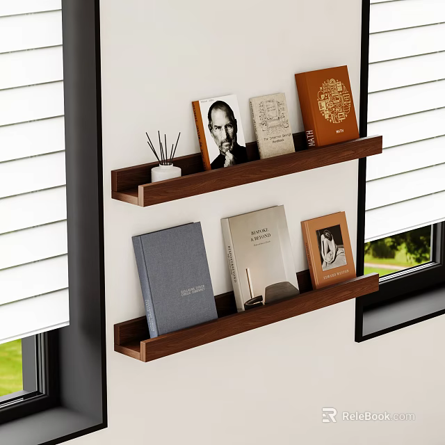 Wall Mounted Dark Brown Wooden Shelves With Books Photo Frames And Stationery Holder 3d model 