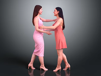 Two Women in Pink and Orange Dresses Interacting with Elegant Posture against Gray Background 3d model