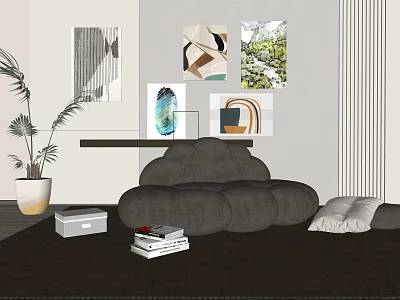 Comfortable Gray Bean Bag Chair With Books Potted Plant And Abstract Wall Art 3d model