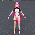 Anime Female Character with Pink Hair Cat Ears and Mechanical Outfit Near Modern Building
