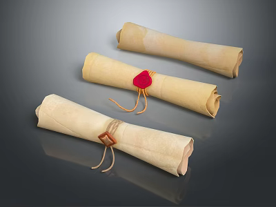 Three Decorative Scrolls Tied With Red Seal And Brown Strings On Gray Background 3d model