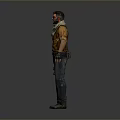 Man in Orange Shirt Scarf with Blue Jeans Tool Belt Standing on Gray Background