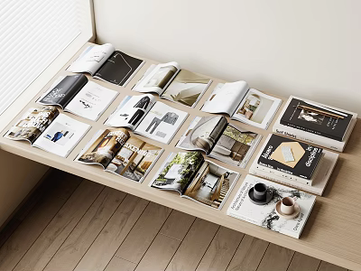 Open Books Magazines Featuring Various Interior Design Photos On Wooden Table 3d model