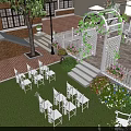 Detached Villa Outdoor Area With Red Brick Exterior White Arbor Vines Greenery And Lawn Chairs