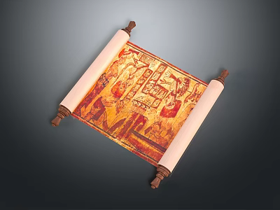 Vintage Scroll Painting With Colorful Animal Illustrations And Ancient Scenes 3d model