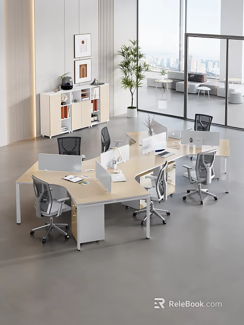 Modern Office Workspace With Combination Desks Ergonomic Chairs Computer Monitors And Storage Cabinets 3d model 