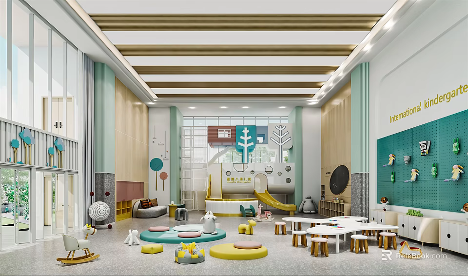Vibrant Kindergarten Interior Design With Slide Colorful Cushions Small Tables And Wooden Elements 3d model 