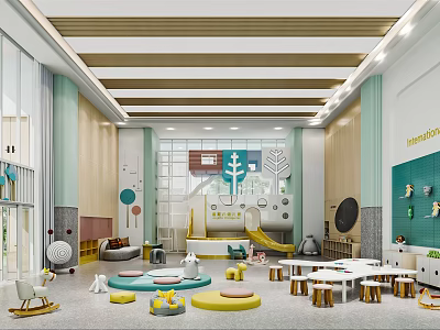 Vibrant Kindergarten Interior Design With Slide Colorful Cushions Small Tables And Wooden Elements 3d model
