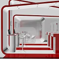 Modern Red And White Exhibition Booth Design With Display Counters White Seating And Digital Screens