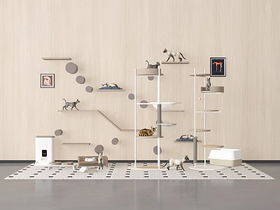 Modern Cat Play Area With Multi Level Shelves Wall Art And Carpet 3d model