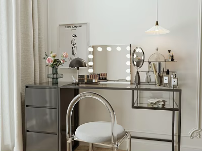 Modern Dressing Table With Lighted Mirror Glass Top Stylish Chair Flower Vase And Cosmetics 3d model