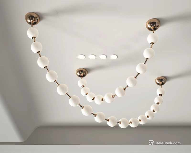 Elegant White Beaded Chandelier With Gold Accents Hanging Ceiling Mounted Design 3d model 