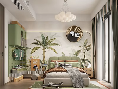 Kids Room Interior With Tropical Plant Mural Green Cabinet Round Mirror And White Pendant Light 3d model