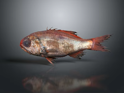 Red Brown Fish With Large Eyes Fins And Tail On Dark Reflective Surface 3d model