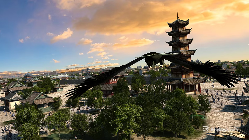 Ancient Chinese Pagoda Tower Surrounded By Trees Square And Flying Bird Under Sunset Sky 3d model 