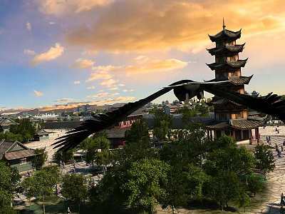Ancient Chinese Pagoda Tower Surrounded By Trees Square And Flying Bird Under Sunset Sky 3d model