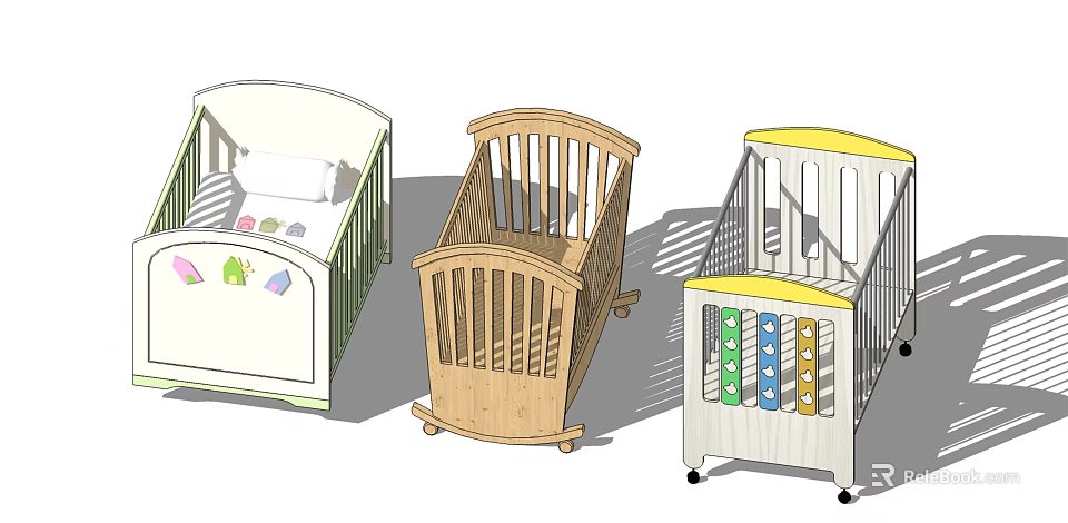 Various Designed Baby Cribs With Wooden Frames And Colorful Decorative Elements 3d model 