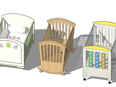 Various Designed Baby Cribs With Wooden Frames And Colorful Decorative Elements 3d model
