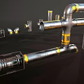 Industrial Metal Pipes With Various Fittings Curved Straight Designs And Yellow Accents