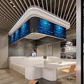 Modern Service Hall Interior With Reception Desk Digital Screens And Comfortable Seating