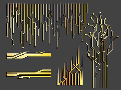Golden Decorative Lines With Circuit Like Streamlined Branched Designs On Dark Background 3d model