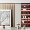 Modern Decorative Cabinet With Layered Shelving Warm Lighting And Archway Artwork In Interior