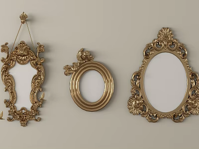 Golden Mirrors With Ornate Carved Frames In Various Shapes For Decorative Wall Decor 3d model