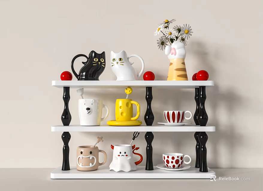 Stylish Cat Mugs on White Multi Layer Shelf with Red Cherry Tomatoes Daisies and Patterns 3d model