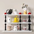 Stylish Cat Mugs on White Multi Layer Shelf with Red Cherry Tomatoes Daisies and Patterns 3d model
