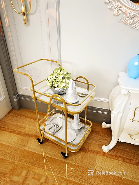 Commercial Serving Cart With Gold Frame Glass Shelves Featuring Green Plants White Tableware 3d model 